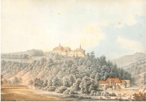 Bild 1 Die Gouache-Zeichnung von Christian Gottlieb Hammer zeigt Schloss Lichtenwalde und das Zschopautal in der ersten Hälfte des 19. Jahrhunderts.
